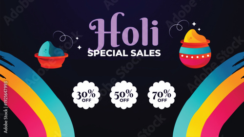 A festive banner advertising Holi special sales with discounts up to 70% off. Features colorful abstract elements, two pots of colored powder, and a dark blue/purple background.