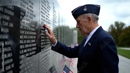 Solemn elderly veteran in uniform contemplates names etched on a polished black granite memorial wall, a row of small American flags in the foreground, symbolizing remembrance, sacrifice