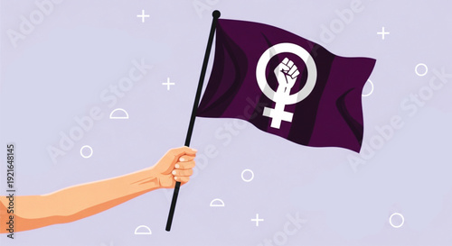 A hand holding a waving purple flag with a raised fist inside the female gender symbol, representing feminism and womens rights, against a light purple patterned background.