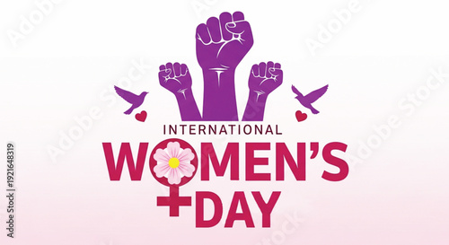 International womens day illustration featuring three raised purple fists, doves, and a stylized flower and female symbol, celebrating womens empowerment and equality.