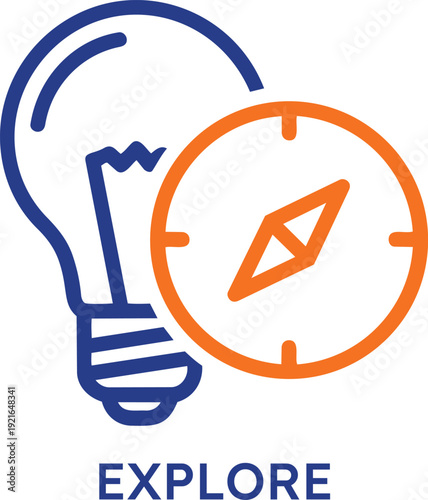 Modern minimalist icon with a blue light bulb and orange compass needle symbolizing creative exploration business discovery vision direction strategy search and innovative navigational path concepts