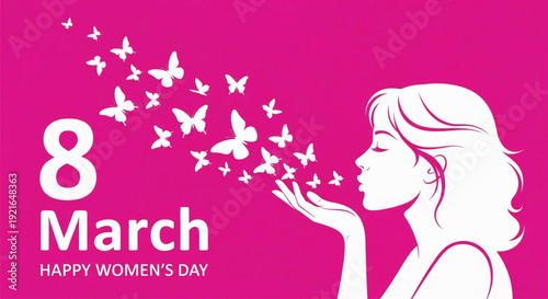 Happy international womens day march 8th celebration graphic with woman blowing butterflies on pink background.