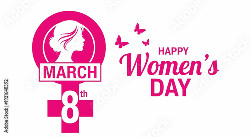 Happy international womens day march 8th celebration illustration with female symbol and butterflies.