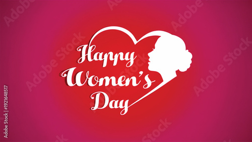 Happy womens day greeting card design featuring a silhouette of a womans profile inside a heart shape against a vibrant magenta background.