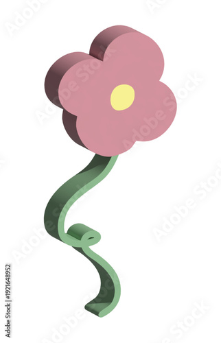 Cute 3D ribbon style flower illustration with curved stem