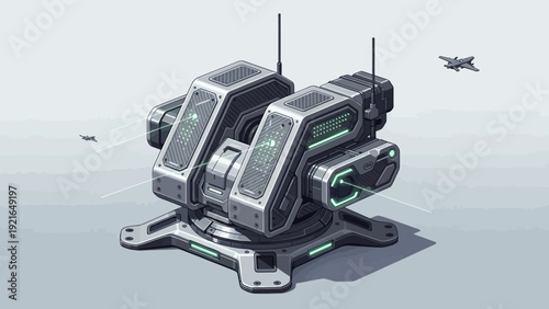 Futuristic anti-aircraft gun turret with dual barrels and glowing green accents, engaging a fighter jet in the distance.