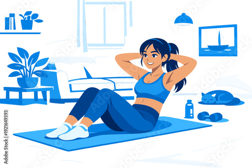 Woman doing sit up exercise at home, core workout and fitness training illustration