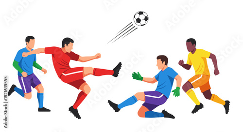 Male soccer players kicking and running during a match