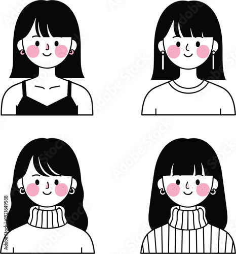 Set of four minimalist female avatar icons featuring different hairstyles and outfits with pink rosy cheeks in a clean flat line vector style.
