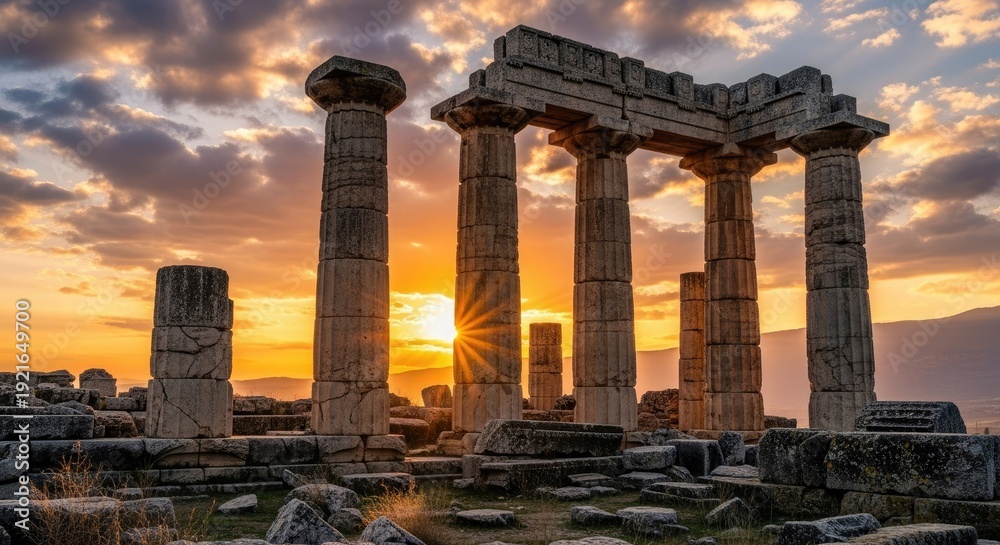 Fototapeta premium Ancient greek temple ruins at sunset historical architecture and scenery