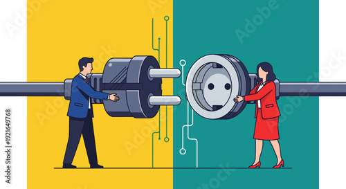 Business people connecting a giant power plug and socket