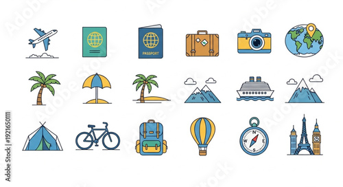 Collection of travel and vacation icons for adventure and exploration.
