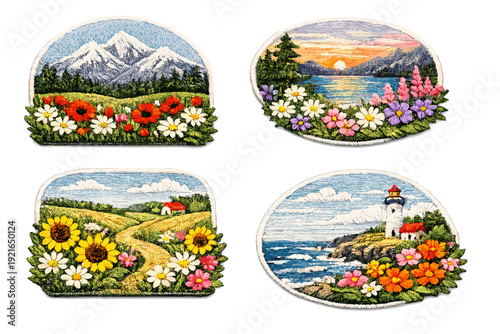 Scenic countryside and coastal landscape patches set, flowers, mountains and sea embroidery style