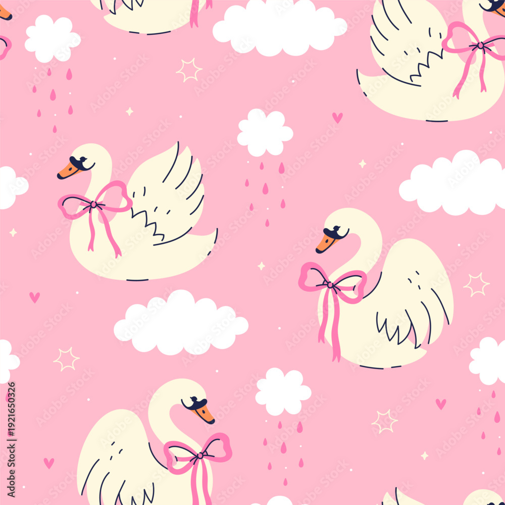 Fototapeta premium Seamless pattern with swans, clouds, and stars on a pink background. Vector graphics.