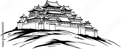 Sumi-e inspired illustration of an oriental palace on an undulat
