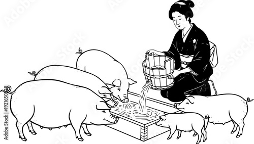 Sumi-e illustration of a woman gracefully feeding pigs from a bu
