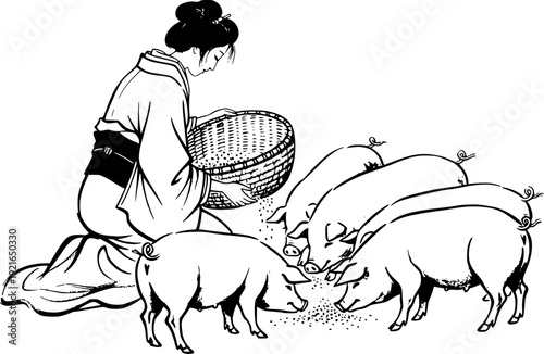 Sumi-e illustration of a woman gracefully feeding pigs from a bu
