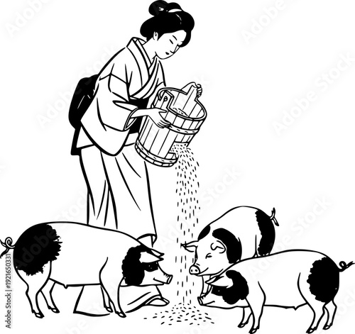 Sumi-e illustration of a woman gracefully feeding pigs from a bu
