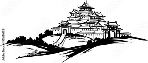 Sumi-e inspired illustration of an oriental palace on an undulat
