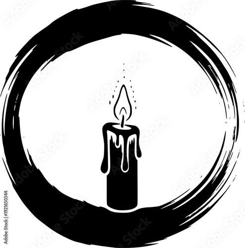 Minimalist sumi-e icon of a candle within a brushstroke circle d
