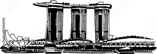 Minimalist Sumi-e Illustration of Iconic Singaporean Landmark wi
