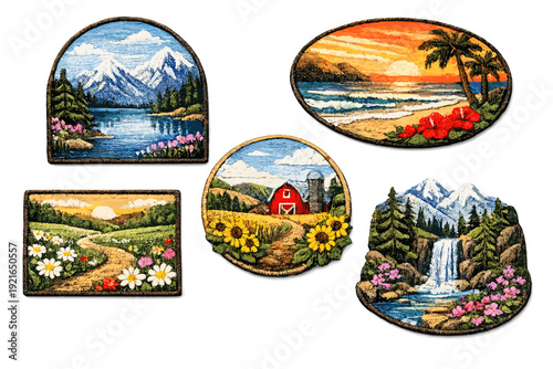 Scenic nature landscape patches set, mountains, farm, waterfall and sunset embroidery style
