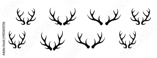 Deer horn icons set, showcasing vector silhouettes of animal horns, wildlife symbols, hunting graphics, and decorative horn shapes.