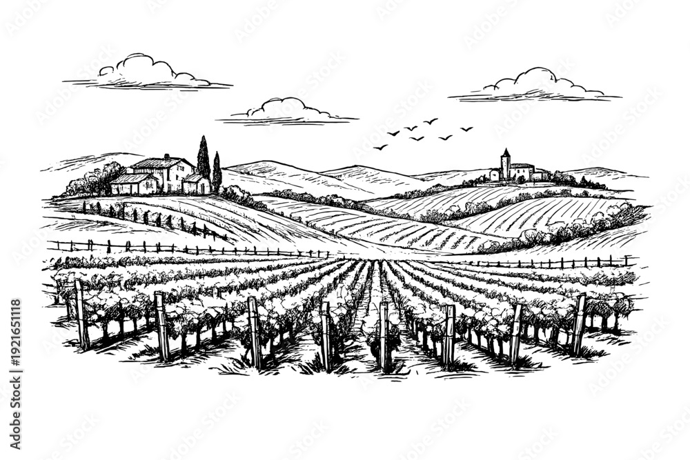 Naklejka premium Vineyard landscape sketch illustration, rural countryside with grape fields and hills
