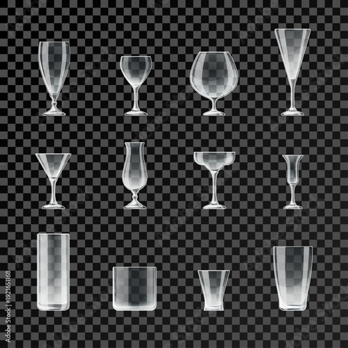 Realistic Transparent Glassware Set Isolated on Background – Wine, Cocktail, Beer and Whiskey Glass Vector Collection