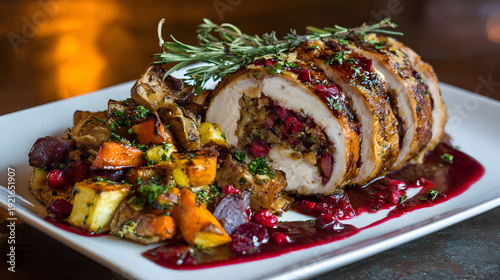 Thanksgiving turkey roulade plated with herb garnish, cranberry stuffing and roasted root vegetables in festive sauce