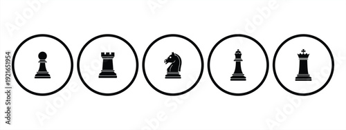 Set of chess vector icons. Black silhouette with chess. King, queen, pawn, horse and rook. Vector 10 Eps.
