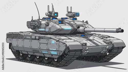 A detailed illustration of a modern grey main battle tank with glowing blue technological accents.