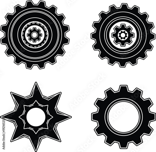 Set of black and white mechanical gear and cogwheel icons for industrial machinery design, engineering concepts, and technical symbols.