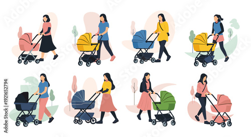 Women walking with baby strollers in park, various poses