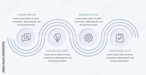 Infographic template with four circles with icons connected by wavy lines