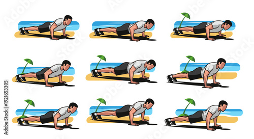 Man performing push-ups on beach in nine-frame animation sequence