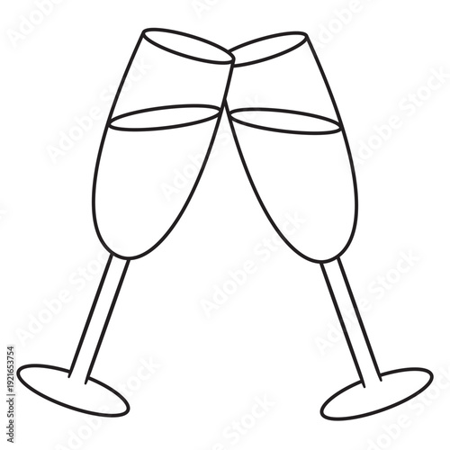 Minimal line art illustration of two champagne glasses clinking in a toast.