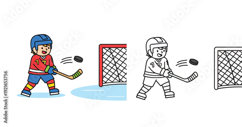 Cute boy playing ice hockey cartoon illustration. Color and black and white coloring page for kids