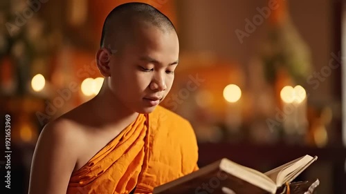 Young Buddhist monk reads ancient scripture in temple with soft lighting.