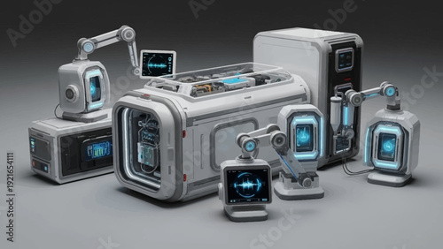 A collection of futuristic modular robotic devices with glowing blue screens and articulated arms, arranged on a grey background.