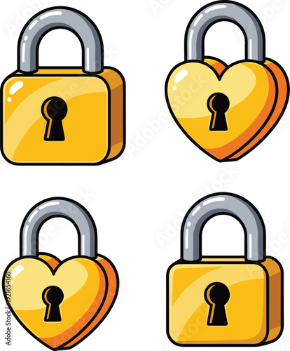 Set of golden padlock icons in square and heart shapes with silver shackles isolated on white background for security and love.