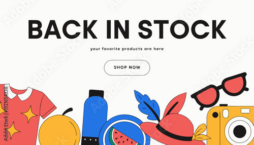Back in stock announcement with shop now call to action .vector icon
