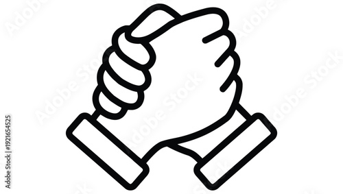 A simple black and white line drawing depicts two hands clasped in a handshake
