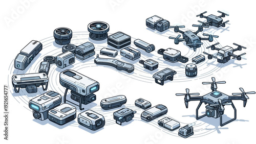 An isometric illustration showcasing a diverse collection of electronic devices, including various drones and compact tech gadgets, on a clean white background.