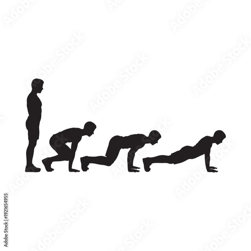 Silhouette series depicting the stages of performing a push up exercise