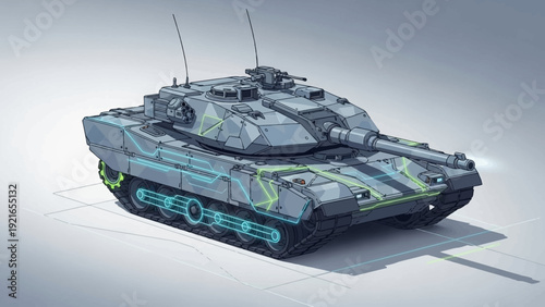 A detailed digital illustration of a modern main battle tank with glowing internal systems, showcasing advanced military technology.