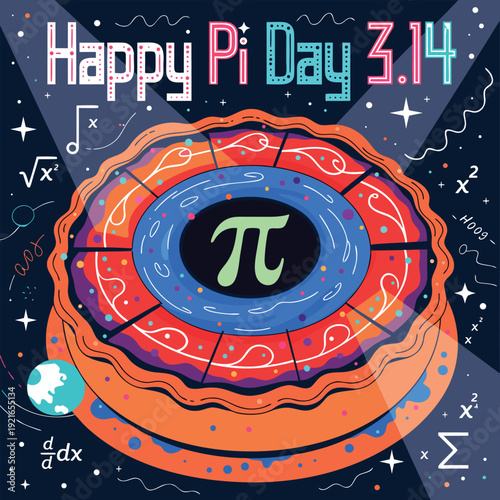 Mathematical pi day celebration illustration with layered pastry design and diverse geometric equations on dark cosmic background with earth