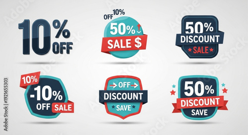 Collection of discount and sale tags with percentages off.