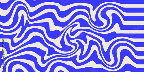 Blue wavy lines abstract background. Trendy psychedelic retro style backdrop. Waves, swirl and twirl pattern. Twisted distorted vector texture. Y2k aesthetic design
