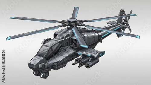 Futuristic dark grey military attack helicopter with multiple rotors and weapons, concept art.